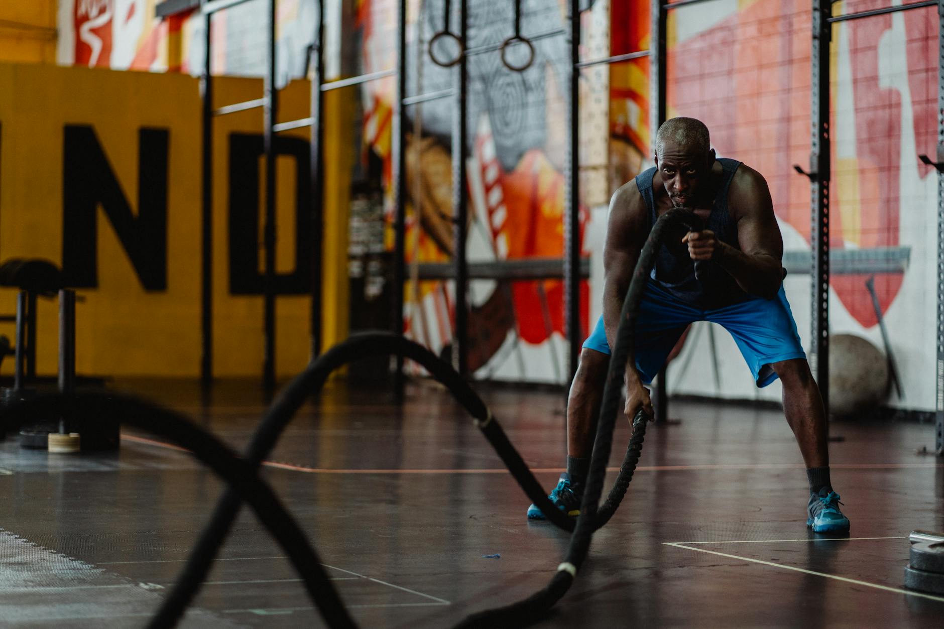 A focused athlete using battle ropes for a high-intensity indoor workout session.