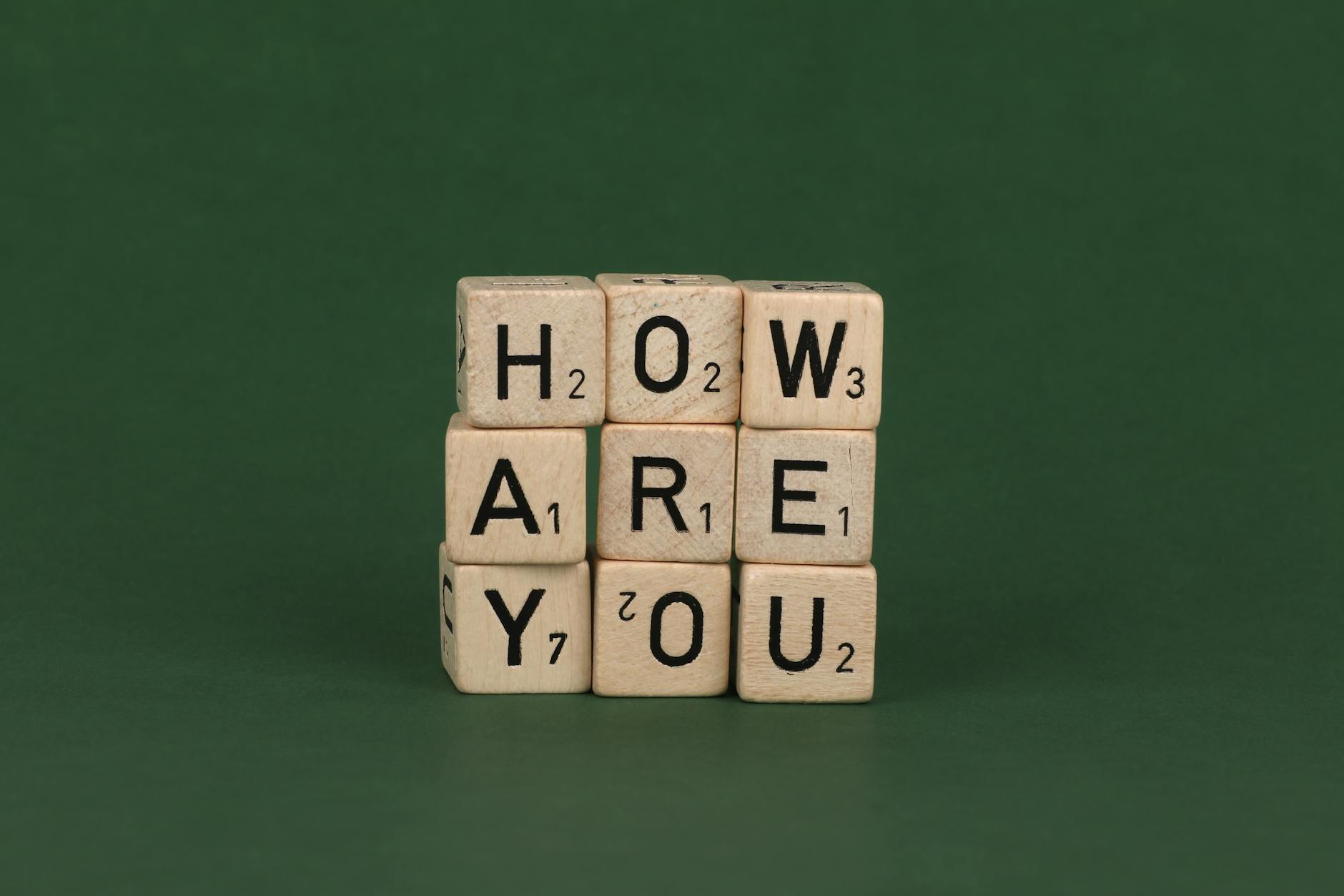 Wooden Scrabble letter blocks spelling 'how are you' on a green background.