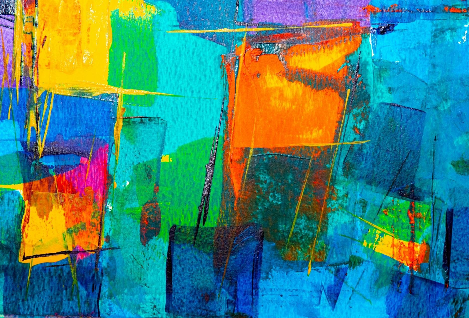 Dynamic abstract painting featuring vibrant and bold colors in an expressive style.